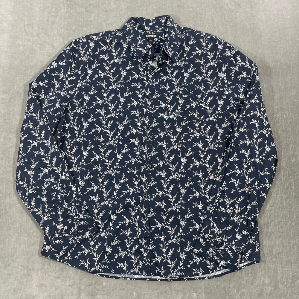Express Floral Print‎ Mens Large Navy Long Sleeve Button Down Shirt